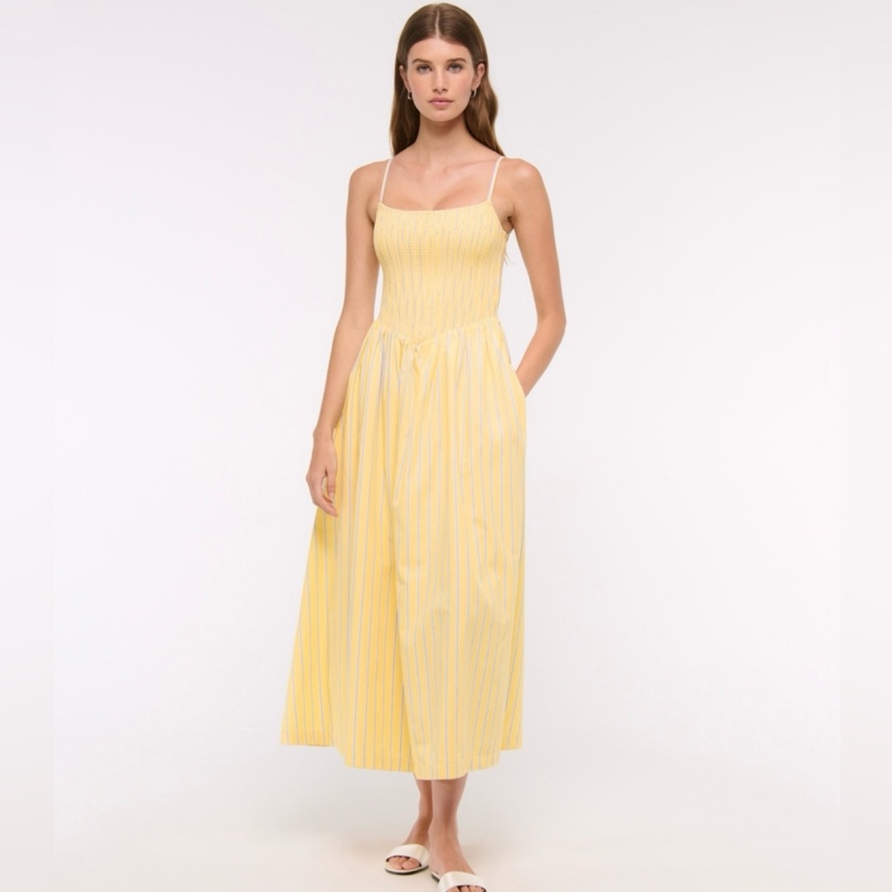 Abercrombie & Fitch Women's Dipped Waist Smocked Midi Dress Yellow Stripe